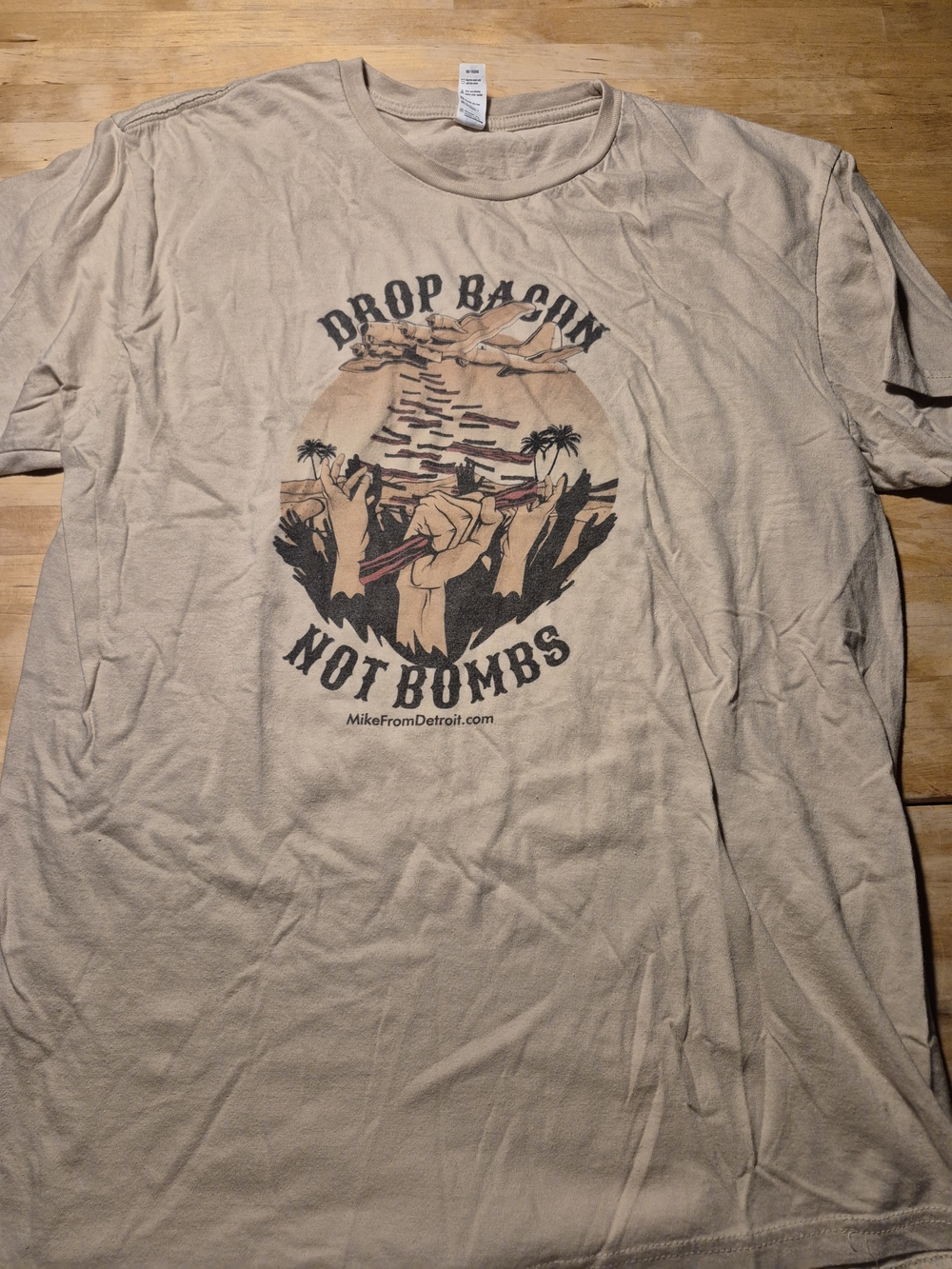 Beige "Drop Bacon Not Bombs" Graphic Tee